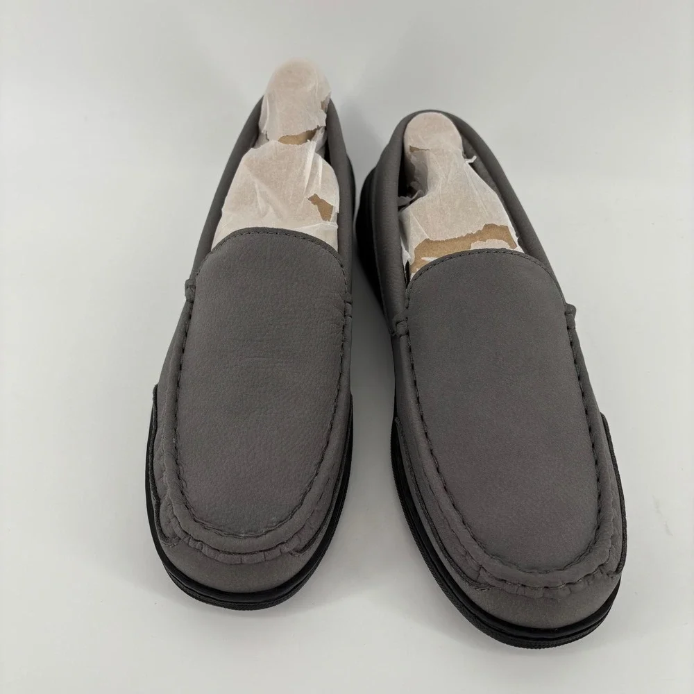 MyPillow MySlippers Loafer Men 9 Gray Leather Moccasin Toe In/Outdoor Driving